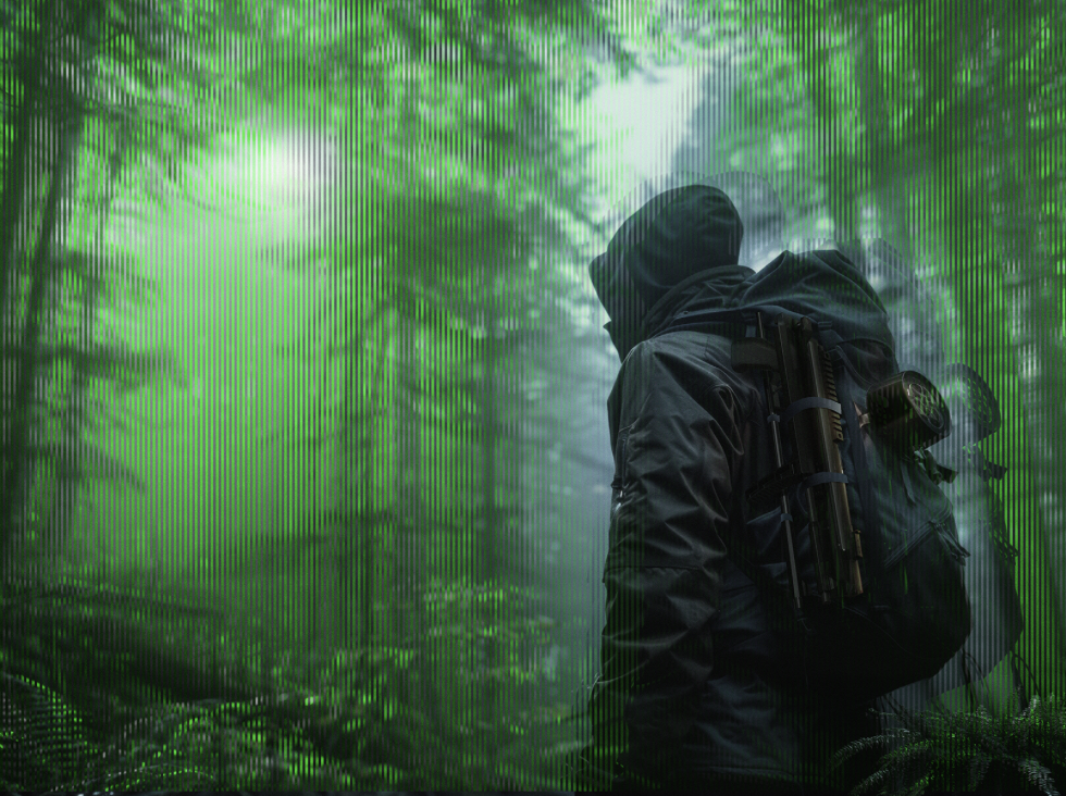 Prepared explorer moving through a forest